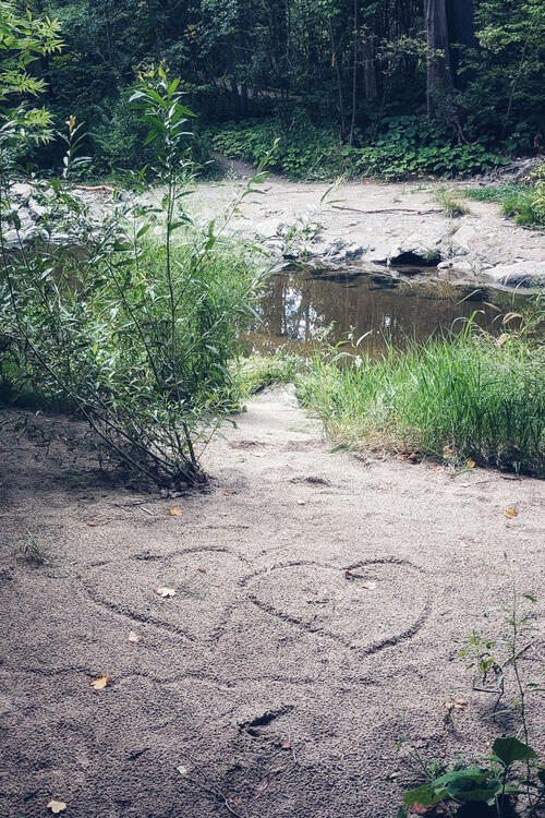 two heart markings in a sandy creek bed