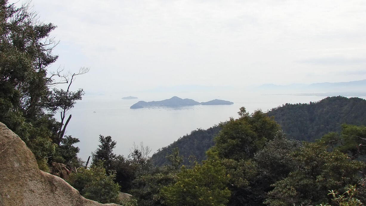 view from a lushy mountain top out into a hazy coast with an island