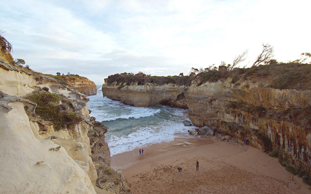 sandy beach enclosed by limestone cliffs, viewed from the cliff top