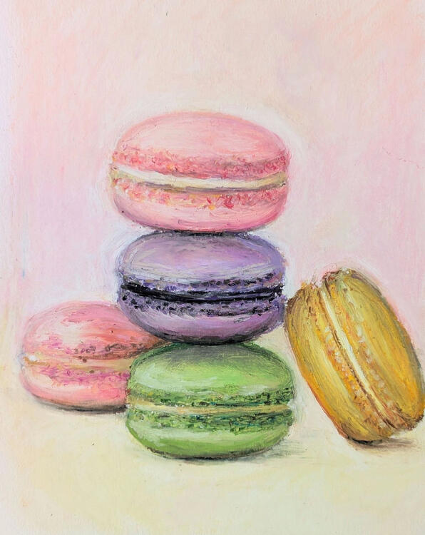 oil pastel painting of five macarons, three of them, green, purple, and pink, stacked on top of each other, two more, yellow and pink, on the side