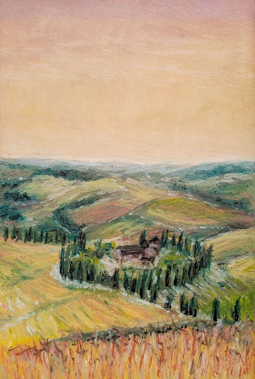 semi-abstract oil pastel painting of a view overlooking a villa surrounded by poplar trees against rolling hills during sunrise