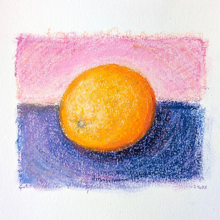 oil pastel painting of an orange on a blue table with a pink background