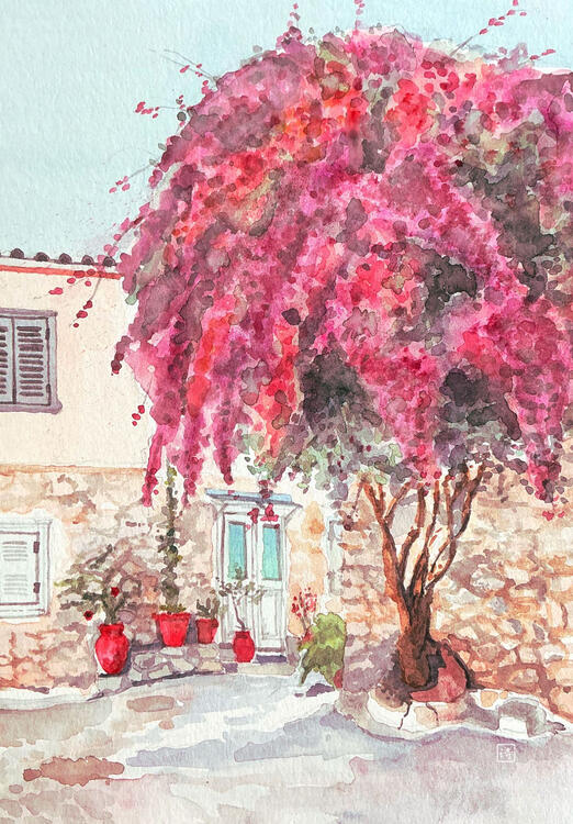 watercolour painting of a pink flowering tree beside a building with stone walls and red planters near its door