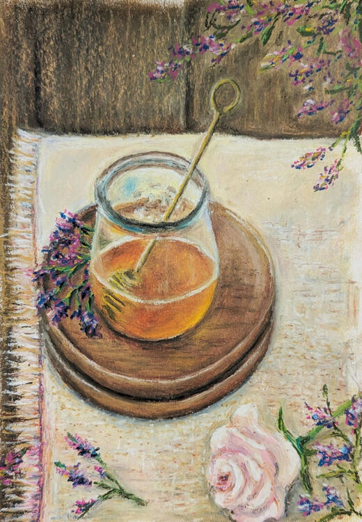oil pastel painting of a jar of honey on wooden plates and tablecloth decorated with purple flowers