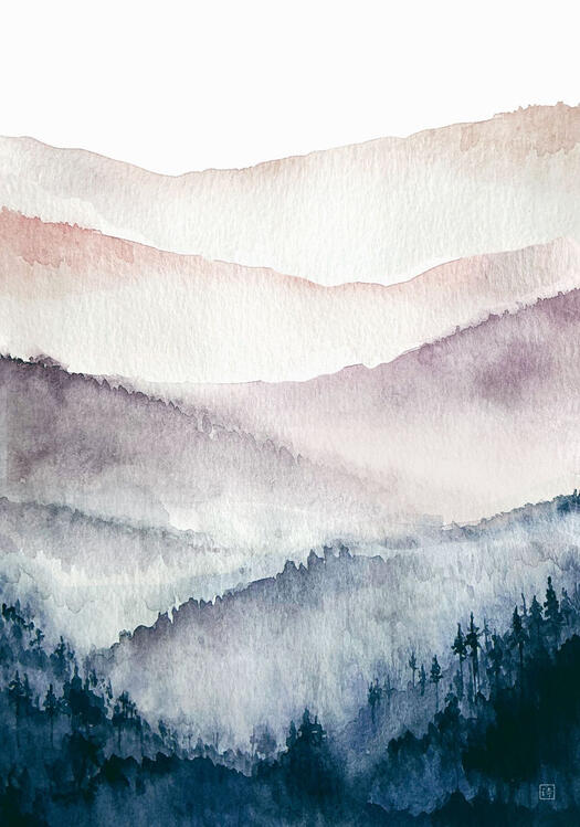 watercolour painting of a layered mountain landscape in indigo and lavender hues
